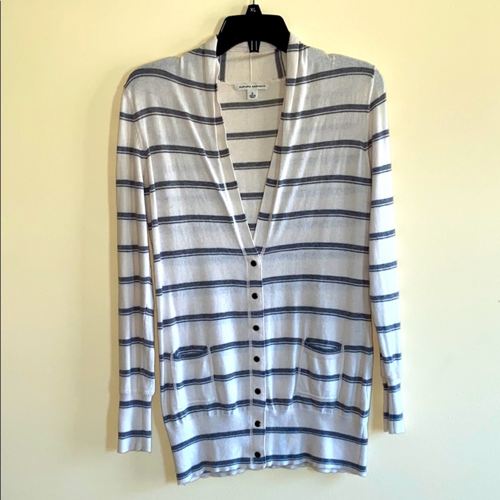 Gray/Cream striped cardi, small, BR, soft/cozy
